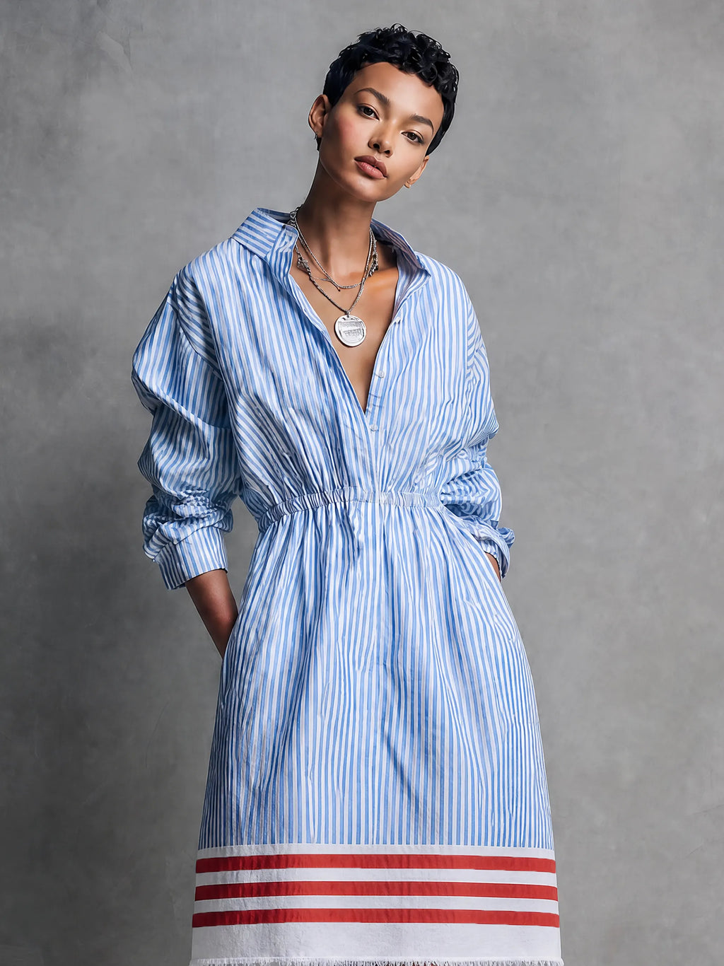 Women's Minimalist Striped Single-Breasted Long-Sleeve Midi Dress With Elastic Waist And Raw Hem MDZ0848G1WY