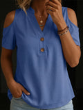 Women's V-neck Collar Button-up Off-shoulder Cotton Linen Shirt