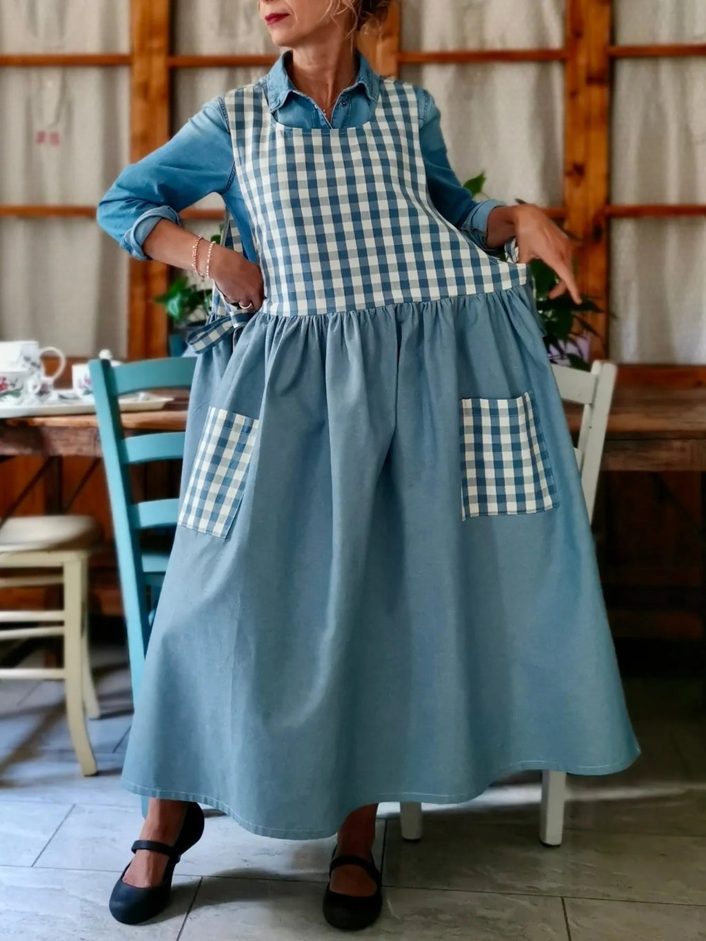 Dusty Blue Patchwork Cotton Apron