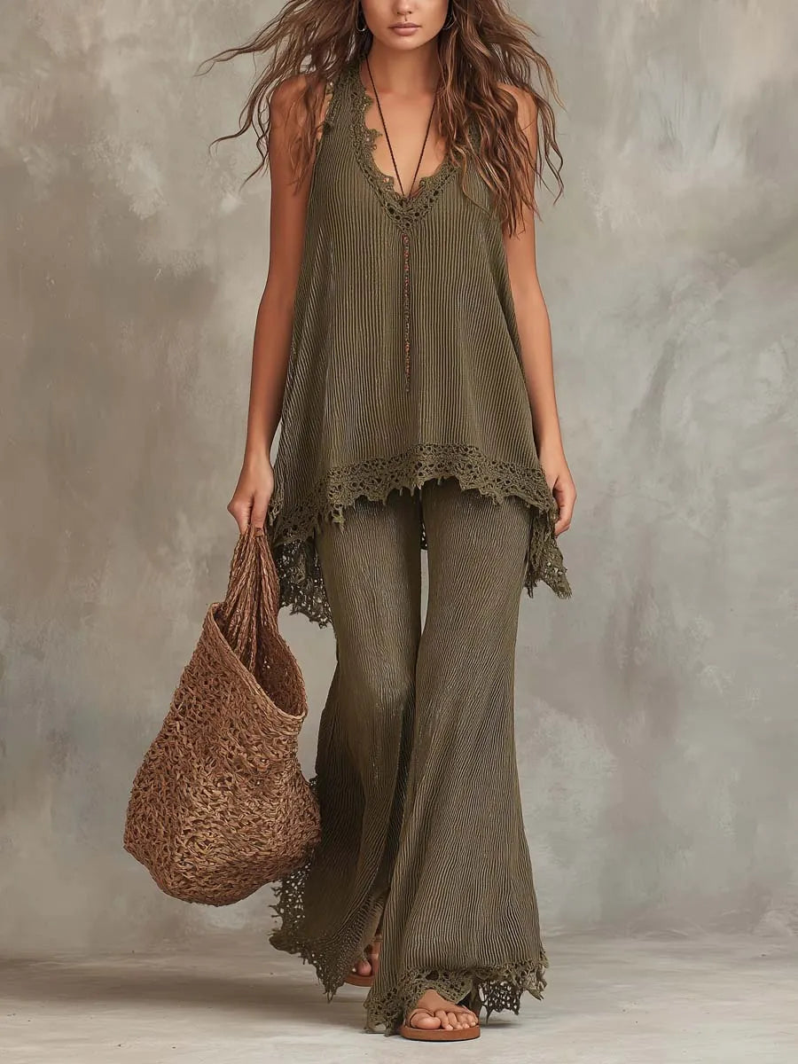 Bohemian Vacation Lace-trimmed Knitted Tank Top