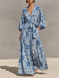 Women's Light Blue Floral Maxi Dress With Wrap Bodice & Puffed Sleeves, Timeless Resort-Elegant Style Dress MDZ2514B7I