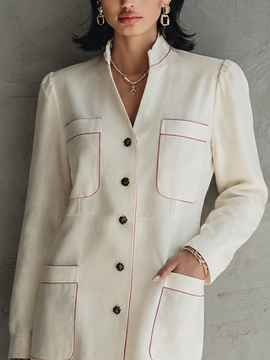 Women's Minimal Commuter Off White Cotton Blend Stand Collar Single Button Contrast Stitch Mini Shirt Dress MDZ1575G5GMJ