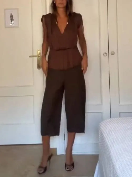 V-Neck Sleeveless Top And Shorts Suit-Top