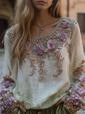 Women's Purple Romantic Vintage Round-neck Long-sleeved Shirt