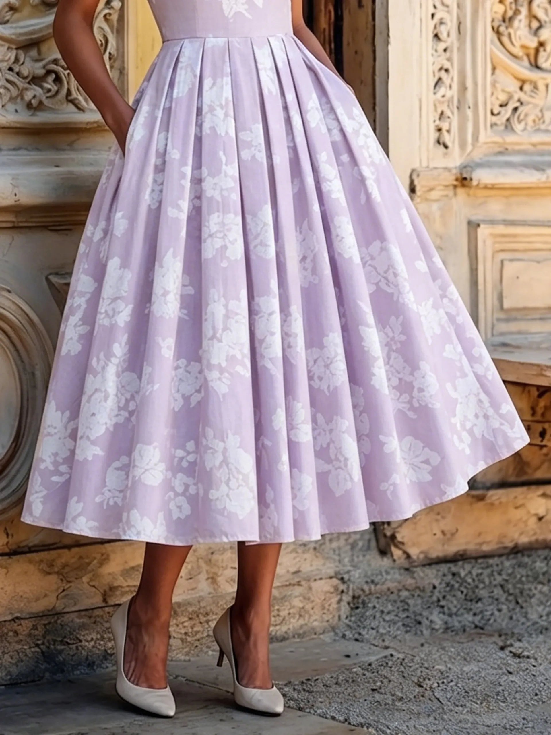 (SIZE:XS-XXL) Midi Linen Dress, Sleeveless, Linen Blend, Floral, Renaissance, Purple