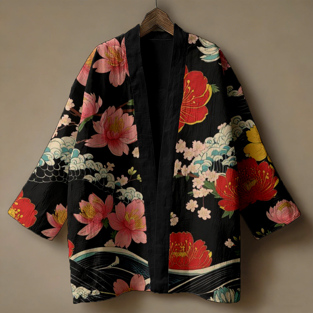 Retro Sakura Flowers Japanese Art Linen Kimono