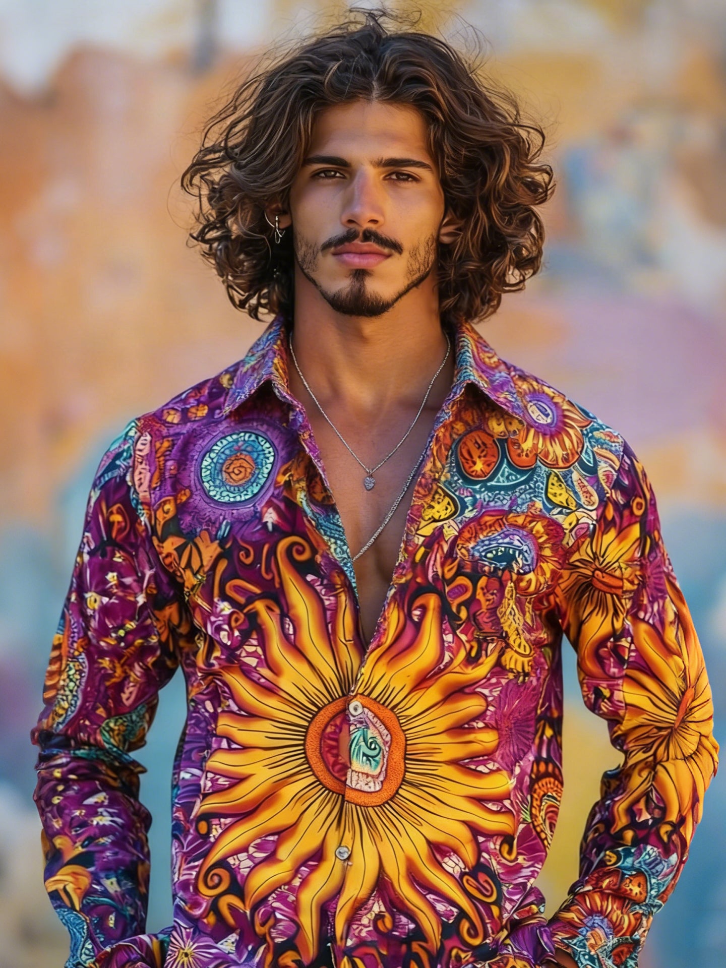 Men's Hippie Sunflower Print Retro Tie-dye Shirt