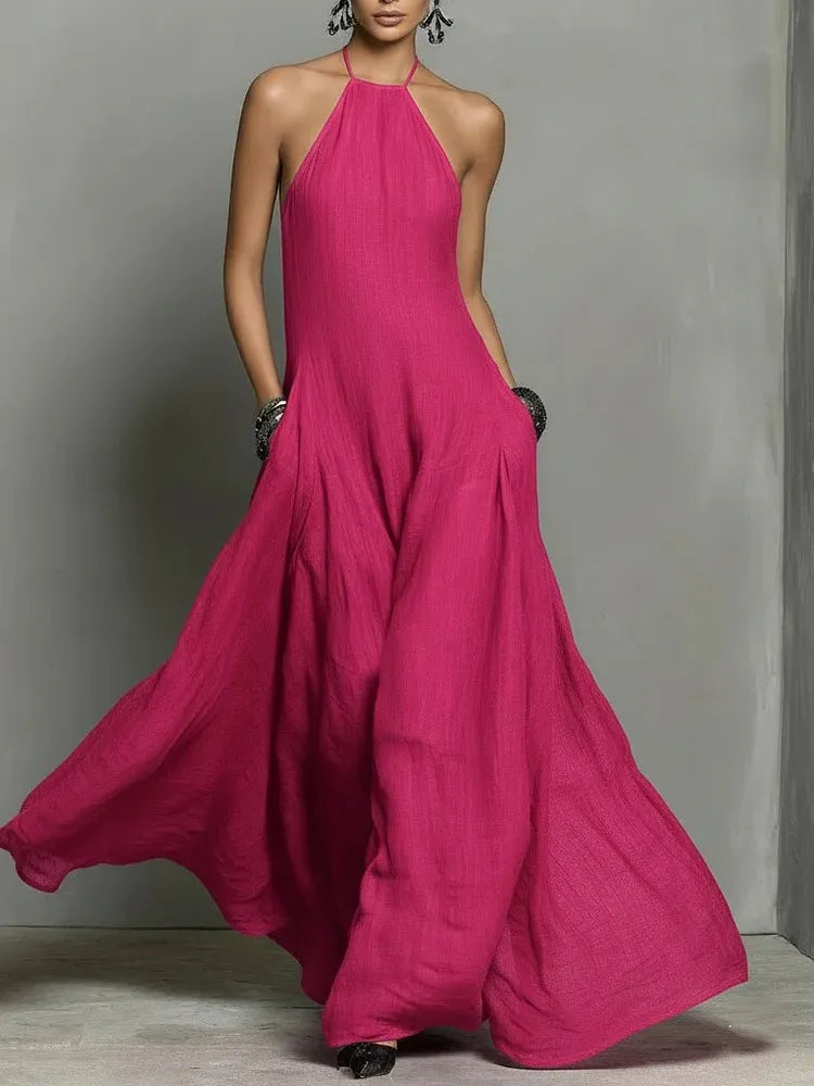 Black Minimalist Faux Linen Blend Backless Halter Neck Sleeveless Maxi Dress