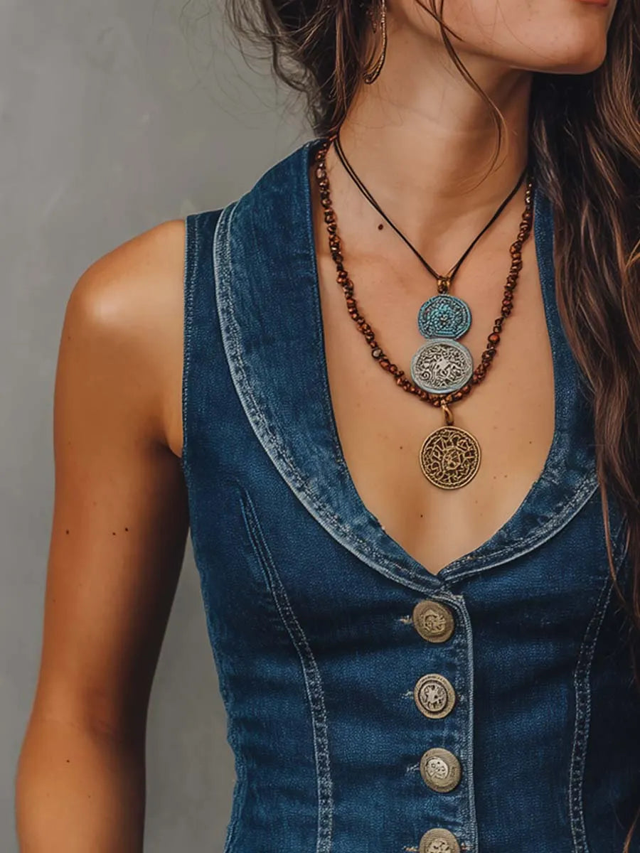 Retro Peter Pan Collar Dark Blue Denim Vest