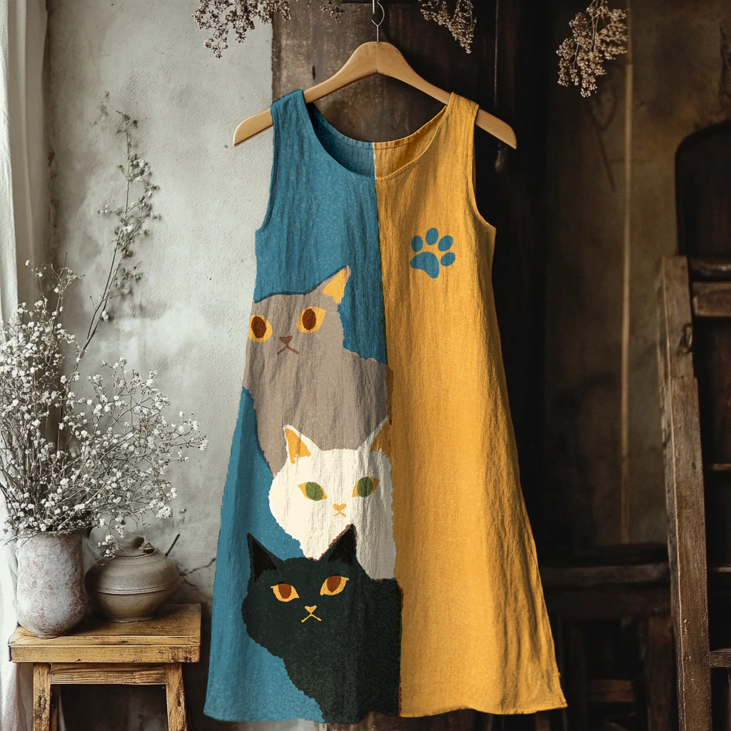 Cute Peeking Cats Pattern Linen Tank Dress