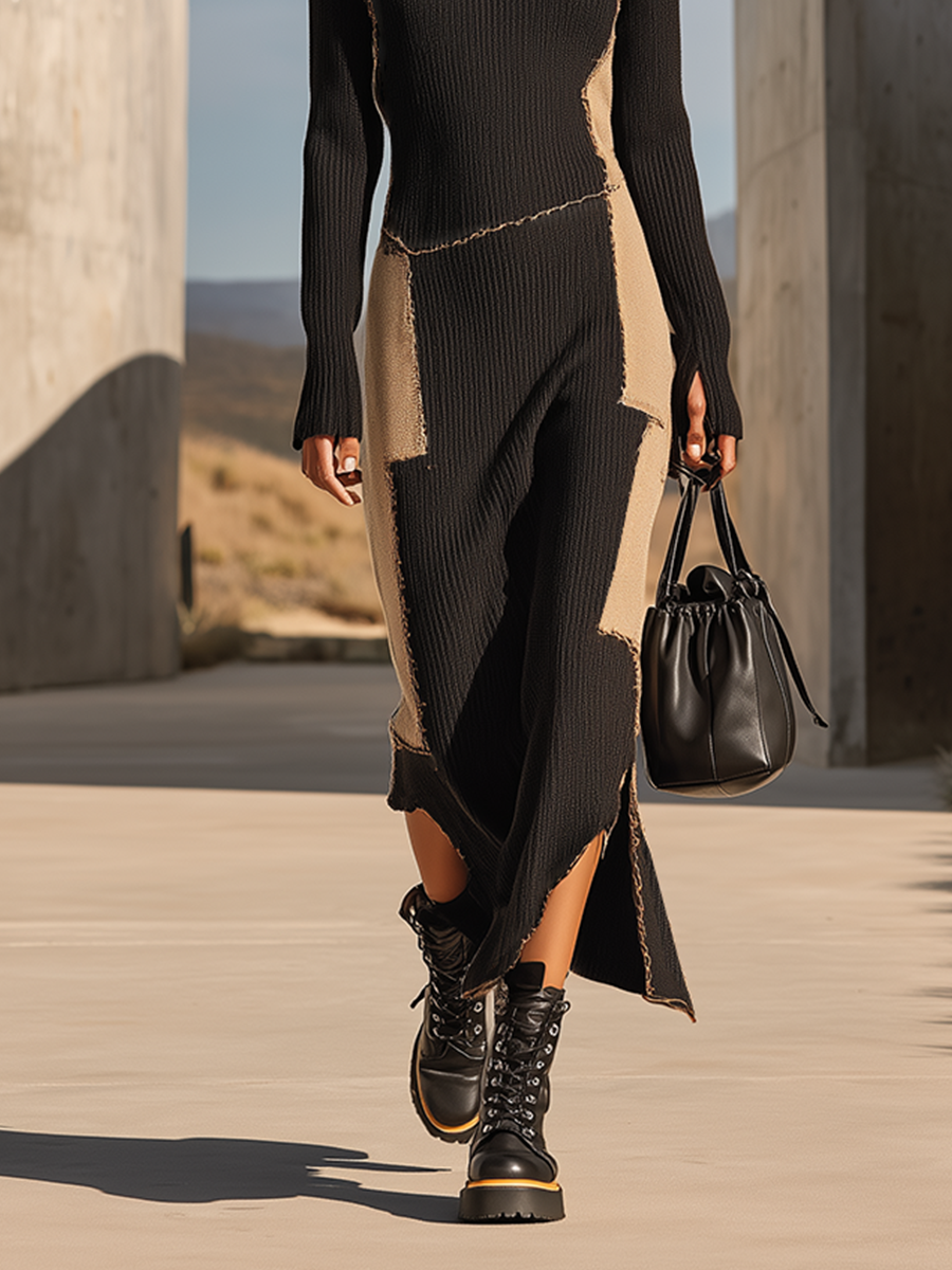 Women's Black Khaki Ribbed Knit Maxi Dress With Raw Edge Patchwork & Mock Neck, Streetwear Irregular Split Bodycon Sweater Maxi Dress MDZ2744G4LYL