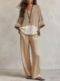 Effortless Chic Taupe Colorblock Knit Sweater & Ivory Wide-Leg Trouser Set