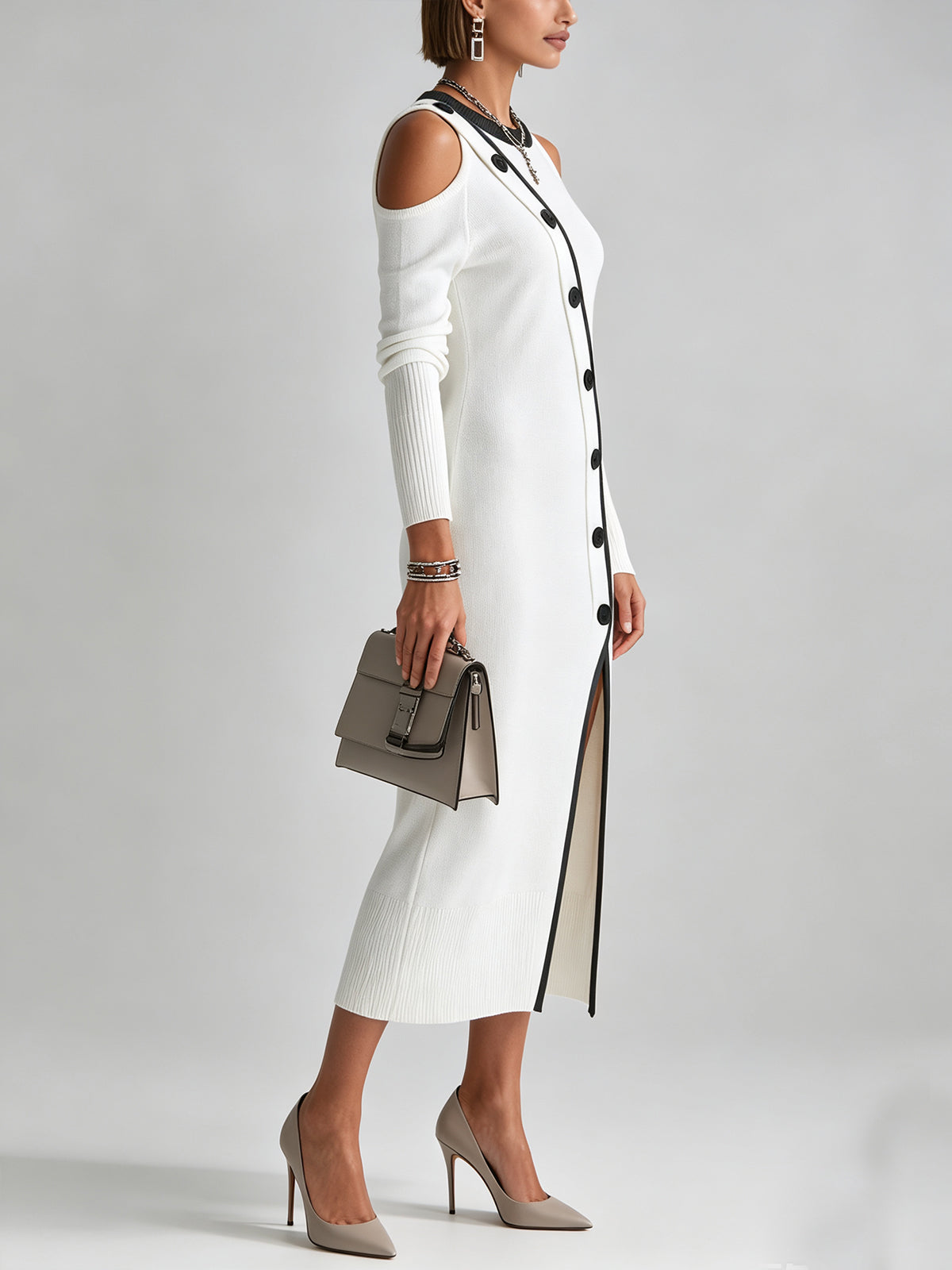 Ivory Asymmetric Button-Trim Cold-Shoulder Midi Sweater Dress