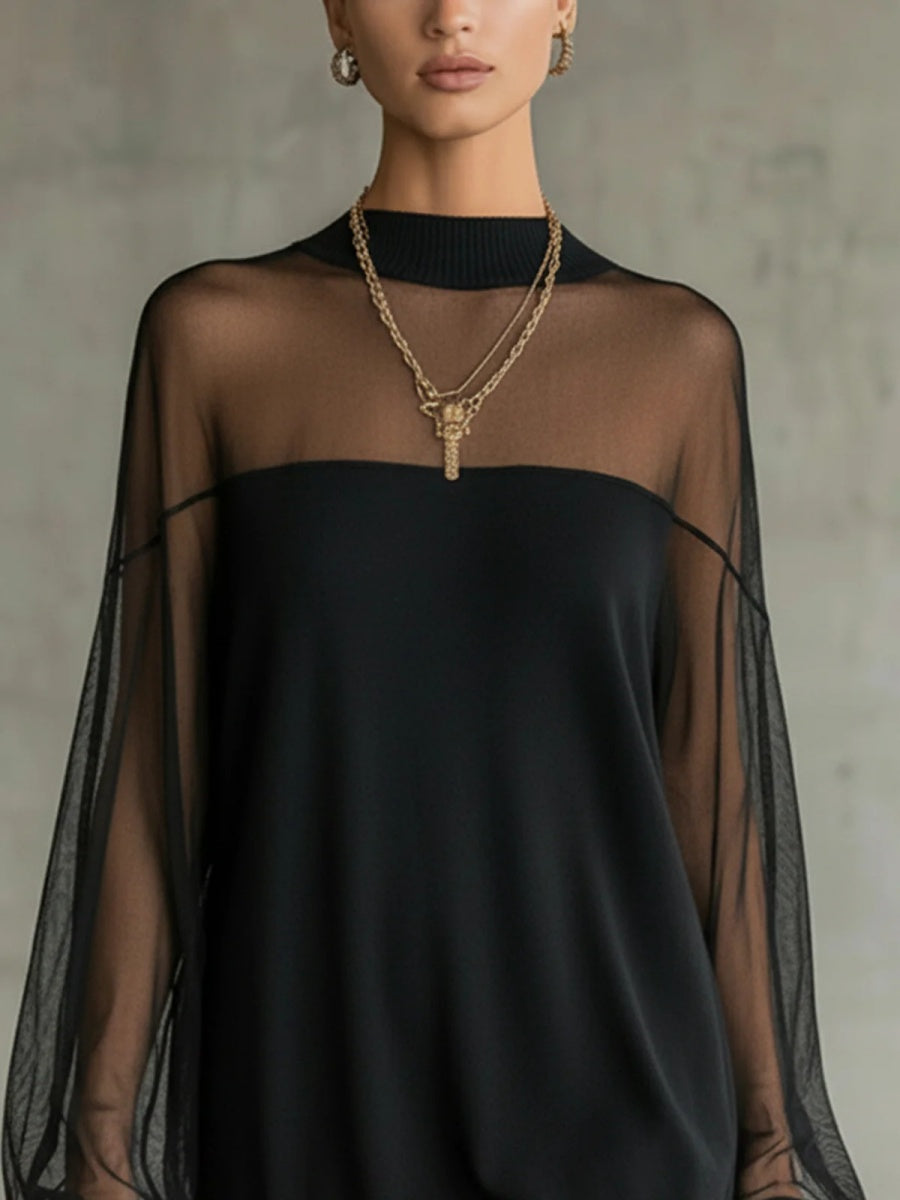 Party Black Round Neck Lantern Sleeve Long Sleeve See Through Elegant Tulle Mini Dresses