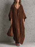 Women's Casual Brown Woven Pleated V-Neck Batwing-Sleeve Loose Maxi Dress MDZ0700G8LXY