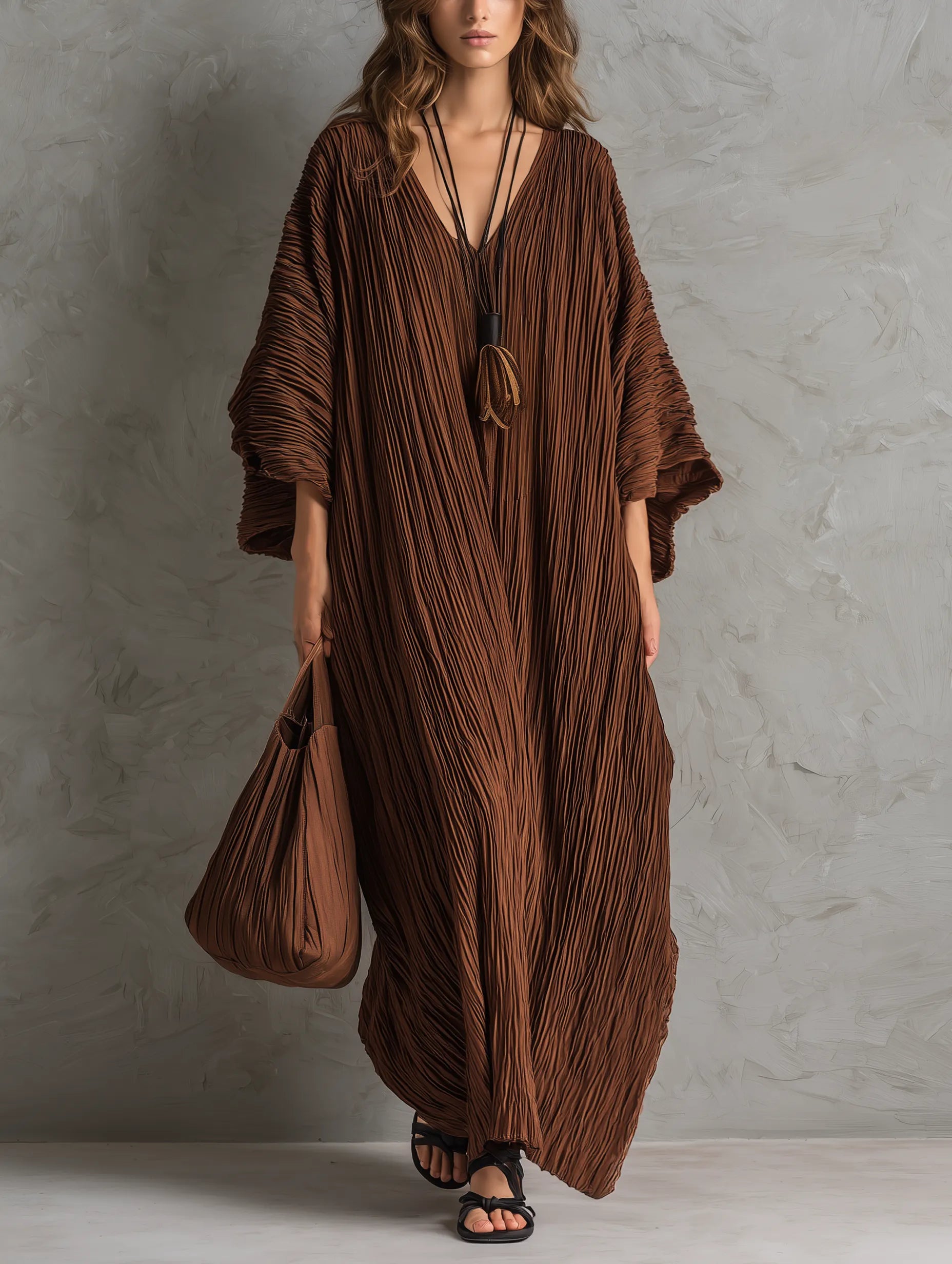 Women's Casual Brown Woven Pleated V-Neck Batwing-Sleeve Loose Maxi Dress MDZ0700G8LXY