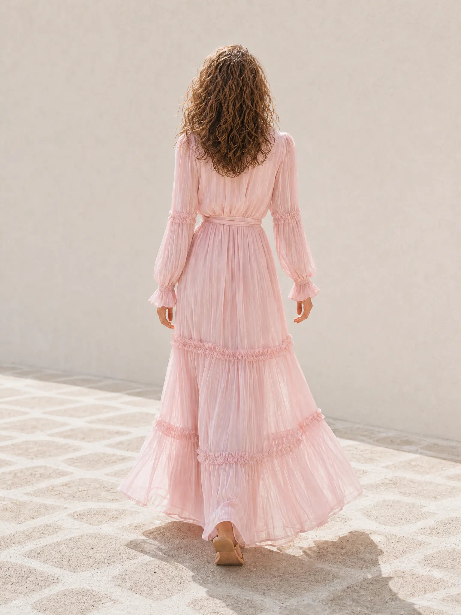 Women's Resort-Style Pink V-Neck Bishop-Sleeve Belted Ruffle-Tiered Cinched-Waist Chiffon Maxi Dress MDZ1649G2CMX