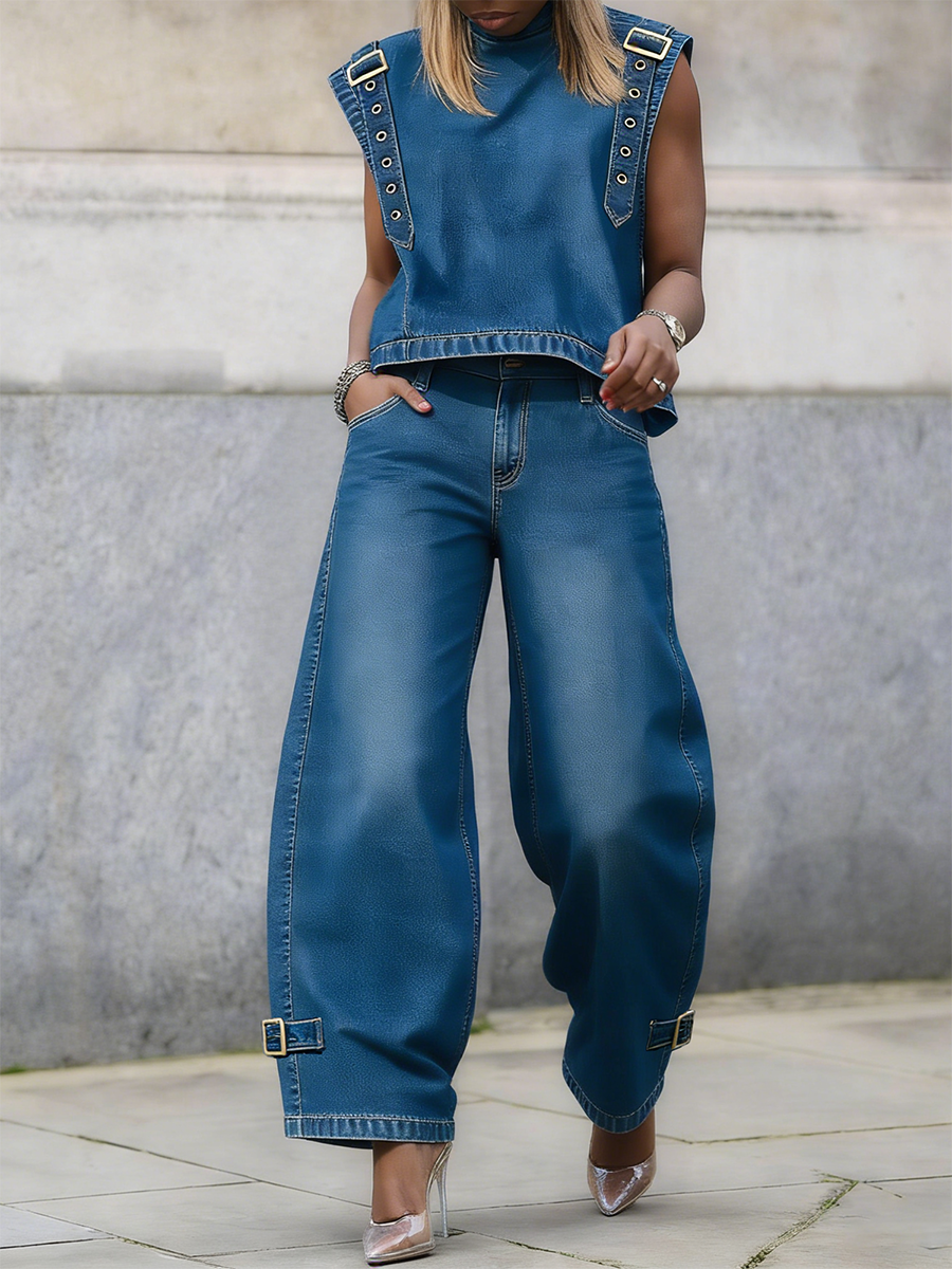 Stylish Casual Stand-collar Straps Denim Shirt
