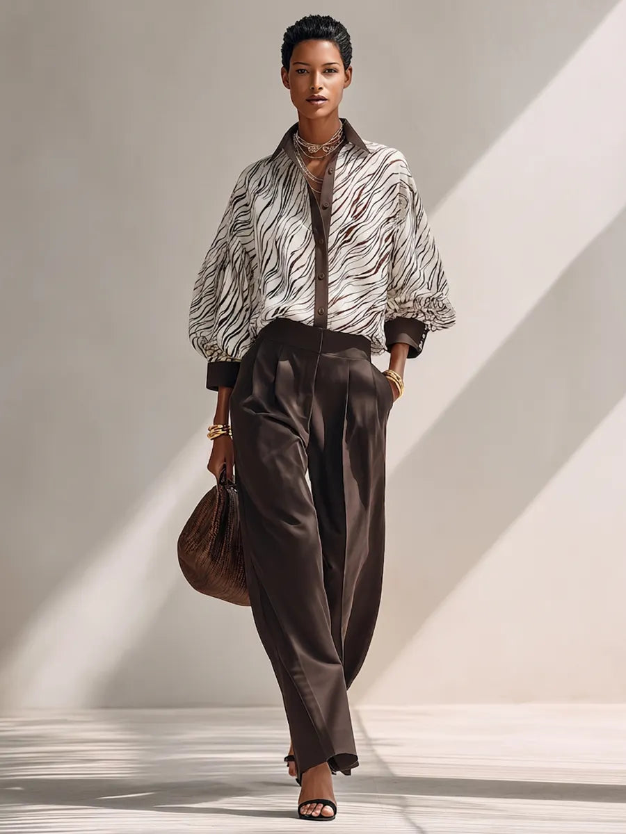 Women's Casual Zebra-Print Color-Block Long Lantern-Sleeve Shirt MDZ0645G2ZRK
