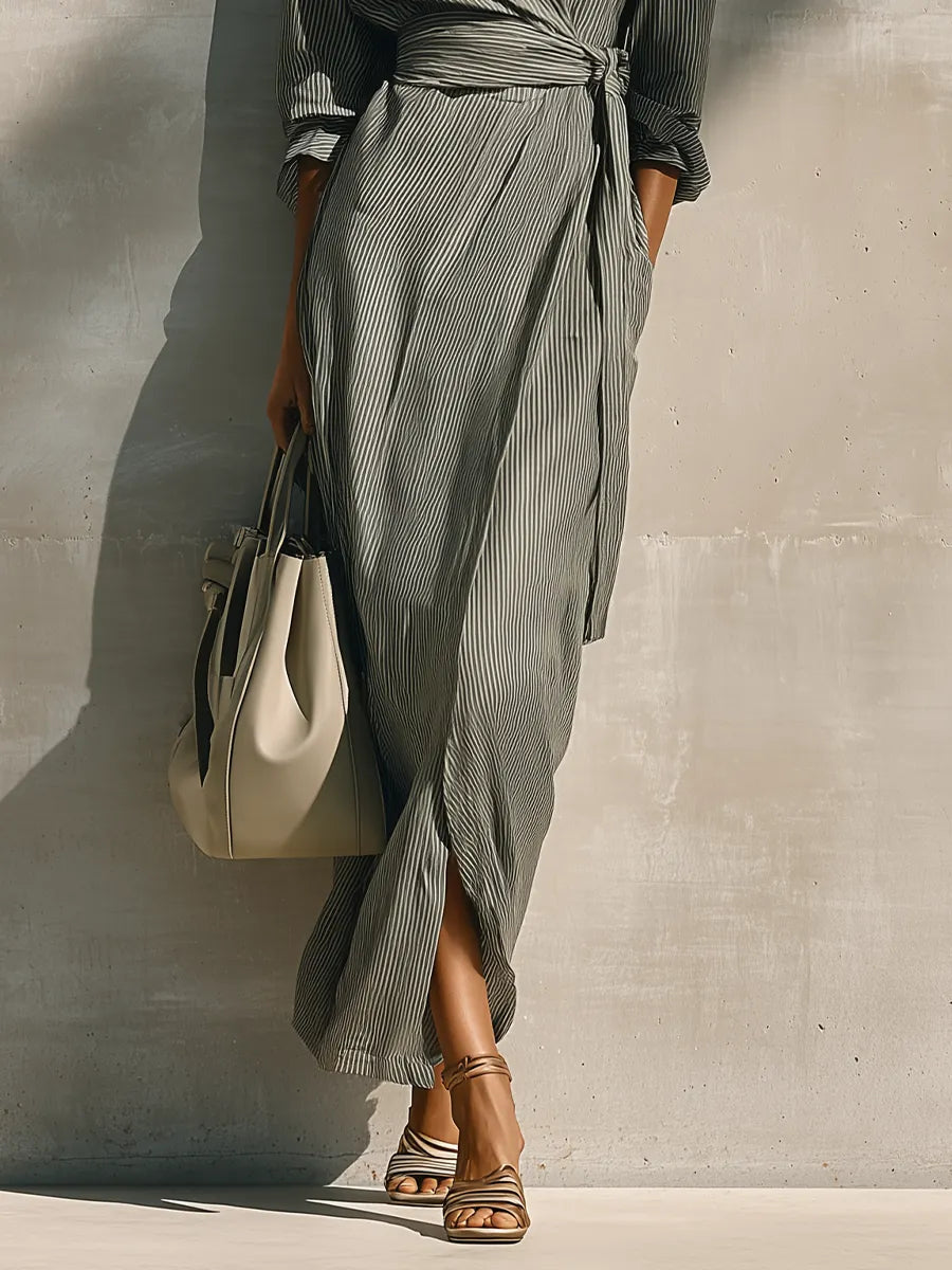 Women's Grey White Vertical Stripe Cotton-linen Blend Collared Wrap Tie Waist Side Pocket Maxi Shirt Dress MDZ1451G8YZJ