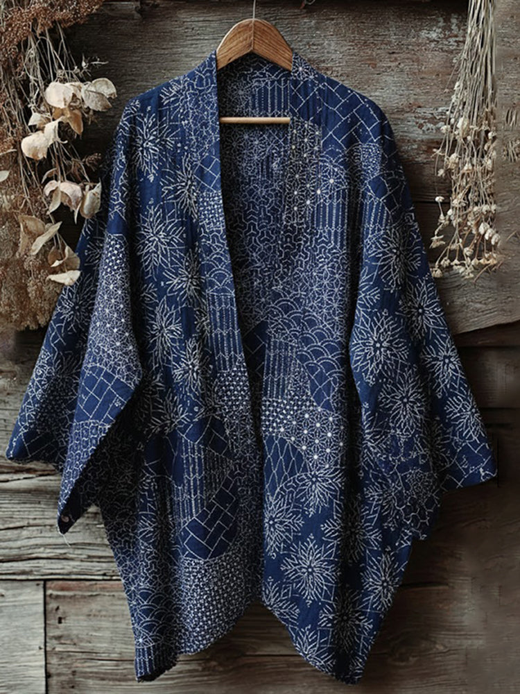 Retro Japanese Traditional Sashiko Art Print Cotton And Linen Blend Kimono Cardigan