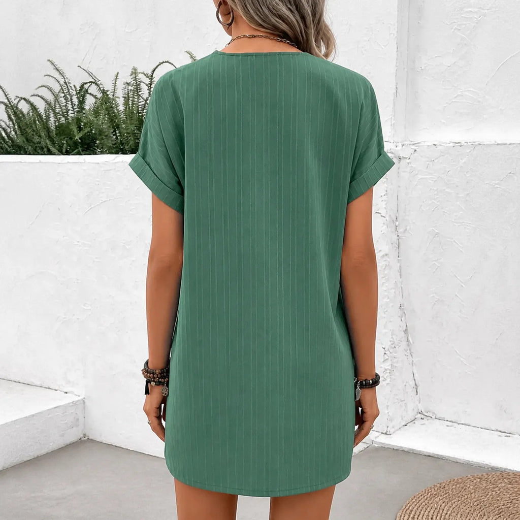 Linora – Ribbed V-Neck Shift Dress with Rolled Short Sleeves