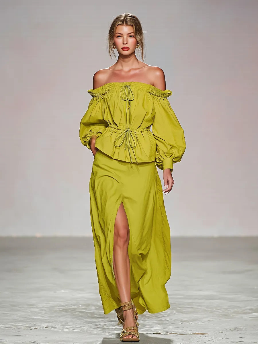 Women's Lime Green Cotton Two-Piece Set With Off Shoulder Puff Sleeve Drawstring Top & High Slit Maxi Skirt, Romantic Boho Summer Resort Outfit MDZ2308F4LYL