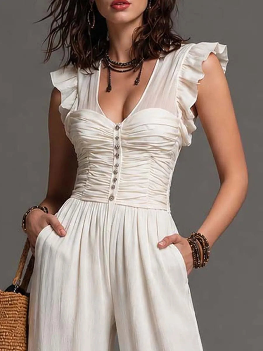 White Crinkled Cotton-Linen Blend Ruffled Corset Wide-Leg Jumpsuit