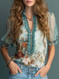Vintage Floral Print Ruffled Chiffon Blouse