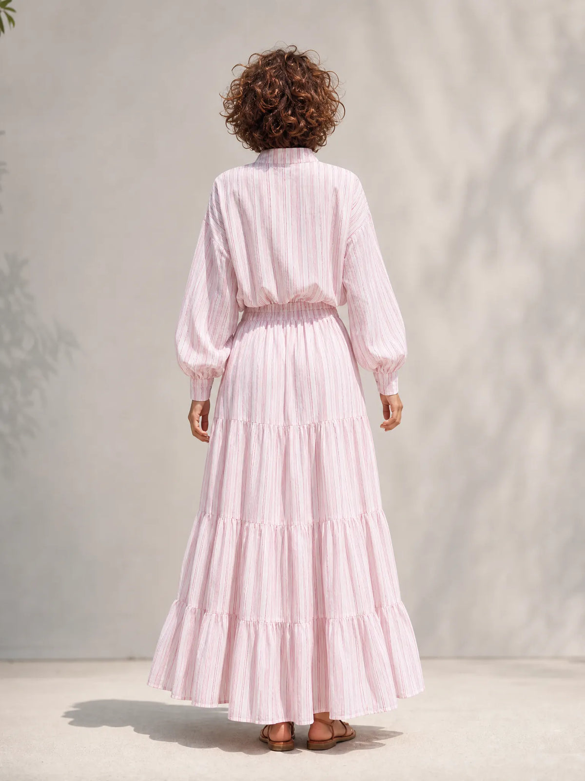 Women's Resort-Style Pink-and-White Striped Stand-Collar Zip Long-Sleeve Cinched-Waist Maxi Dress MDZ1621G5CMX