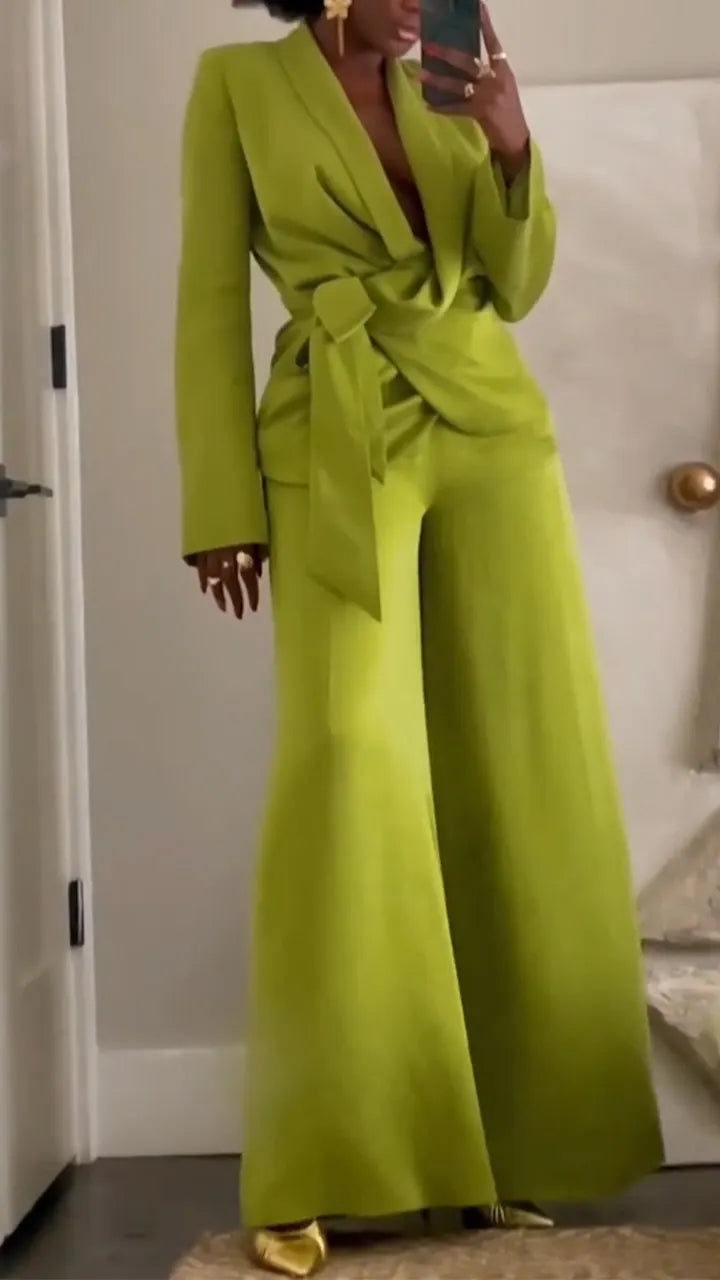 Women Collar Jacket+ Pants Solid Color Temperament Commuting Suit