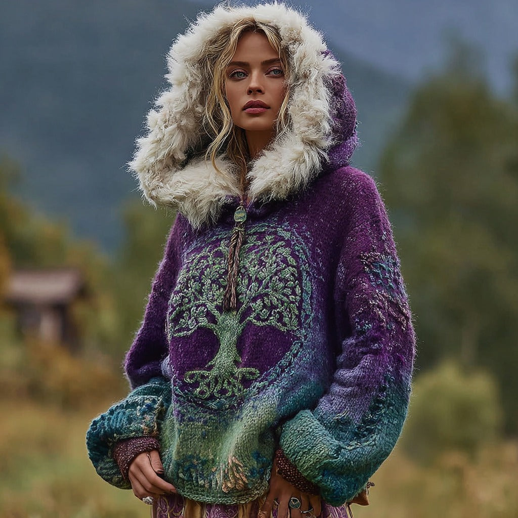 Women's Viking Tree Of Life Gradient Pattern Knit Hooded Sweater