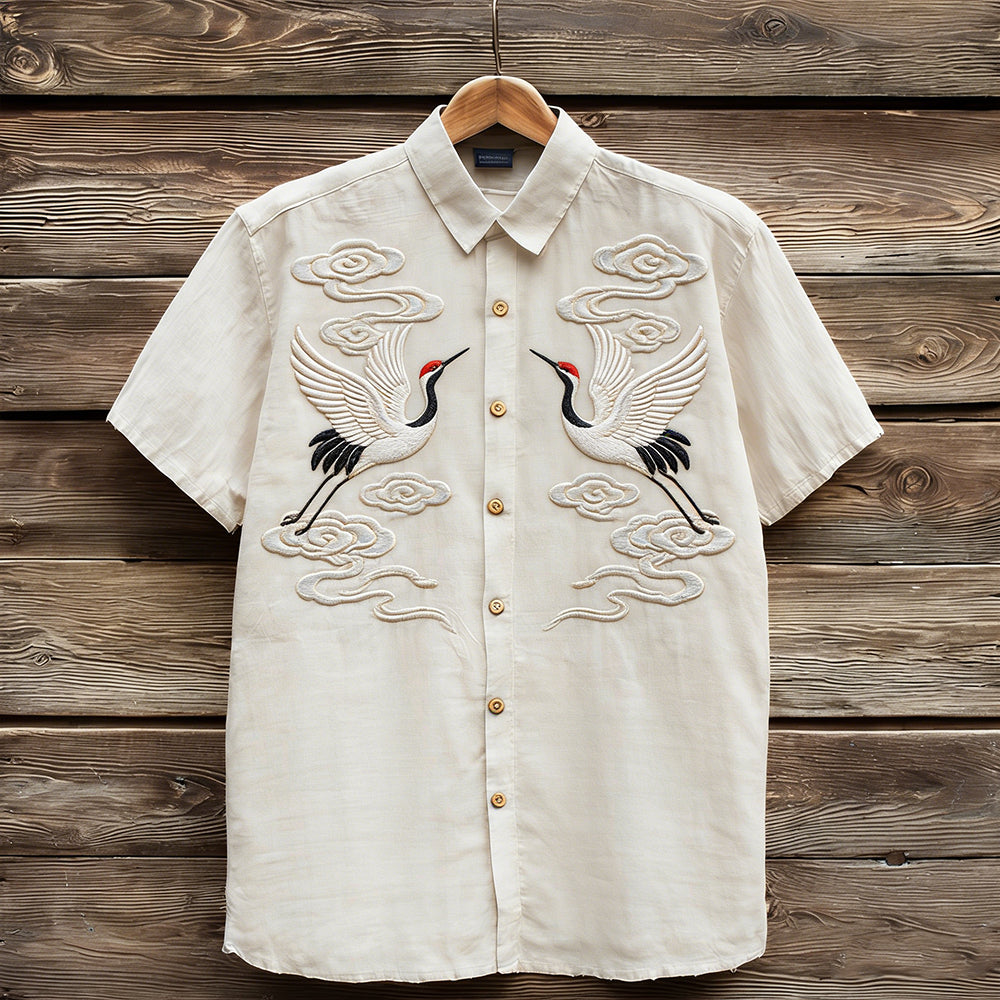 Vintage Clouds & Cranes Art Short Sleeve Linen Shirt