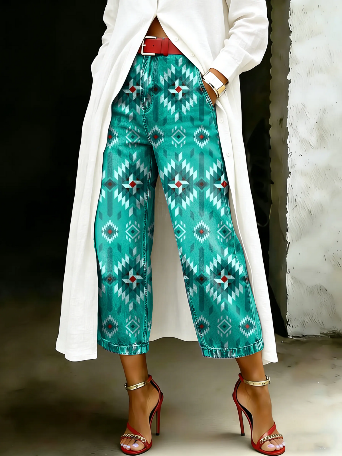Women's Vintage Totem Art Casual Wide Denim Pants