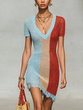 ColorBlock V-Neck Knit Bodycon Mini Dress With Lace Patchwork Hem