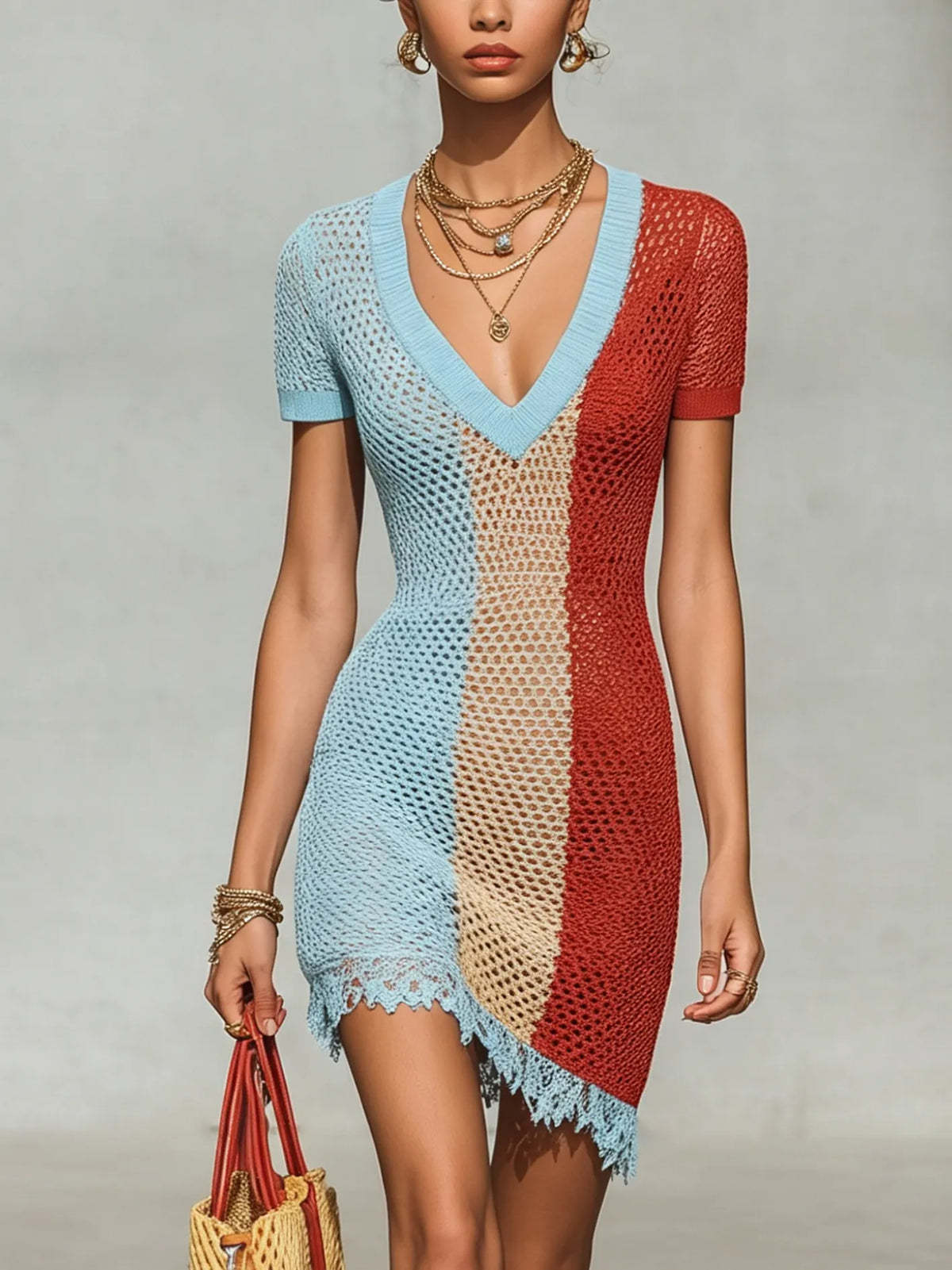 ColorBlock V-Neck Knit Bodycon Mini Dress With Lace Patchwork Hem