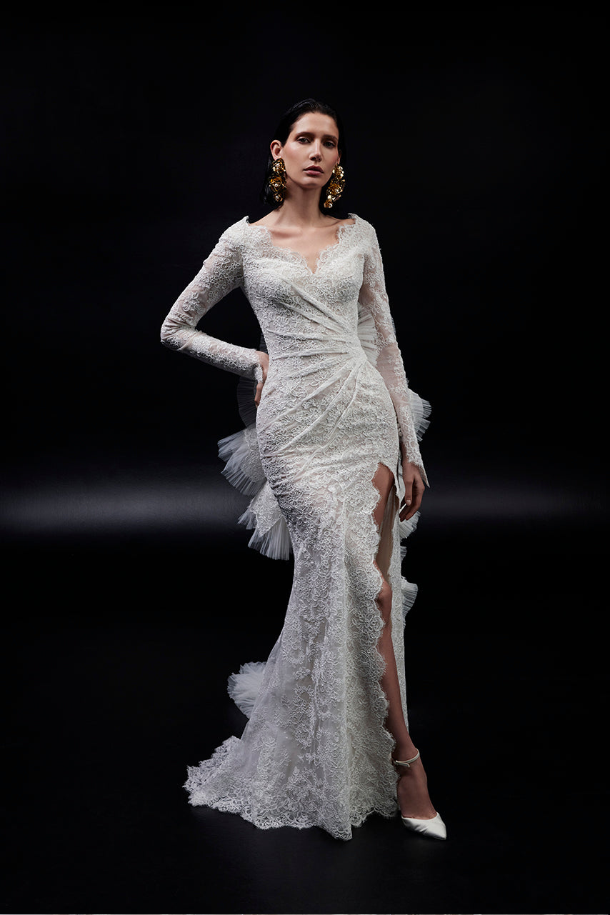 BELLE Re-defined Timeless Lace & Draped Tulle Sensual Slit Bridal Gown