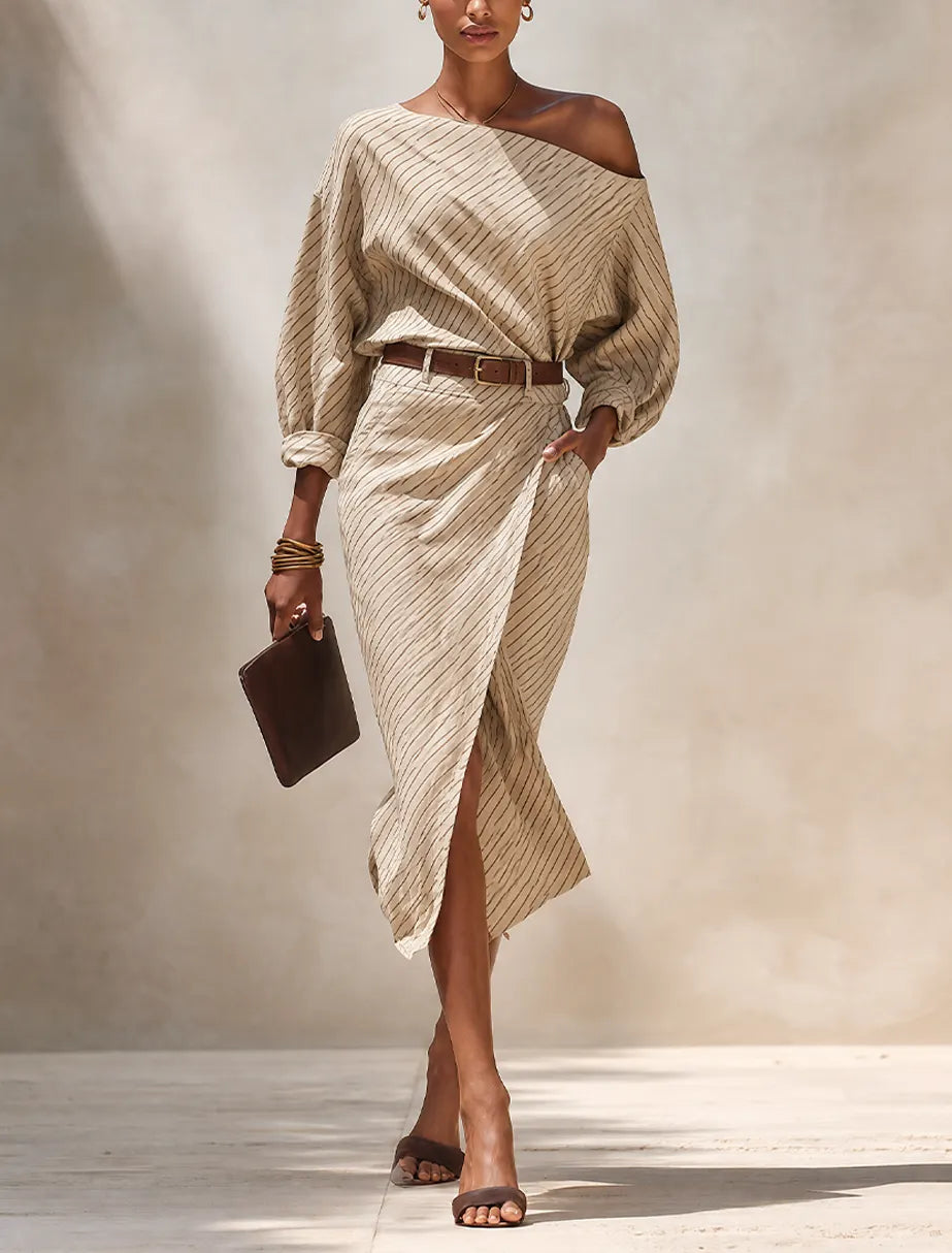 Women's Minimalist Beige Diagonal-Stripe Linen Off-Shoulder Midi Dress (Belt Not Included) MDZ0787G3ZRK