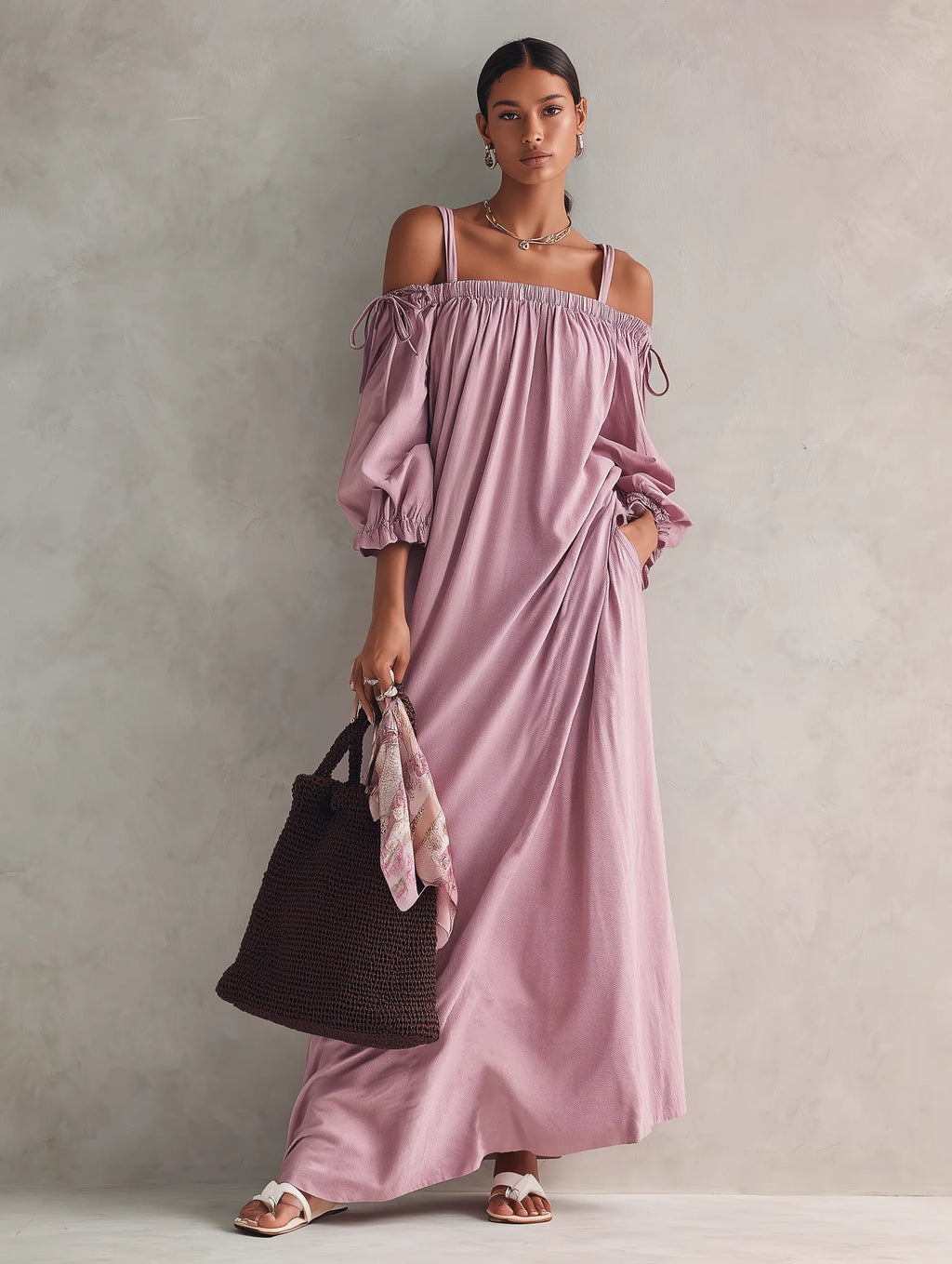 Women's Casual Lilac Woven Midi Dress With Straps And Mid-length Sleeves MDZ0711G3LXY