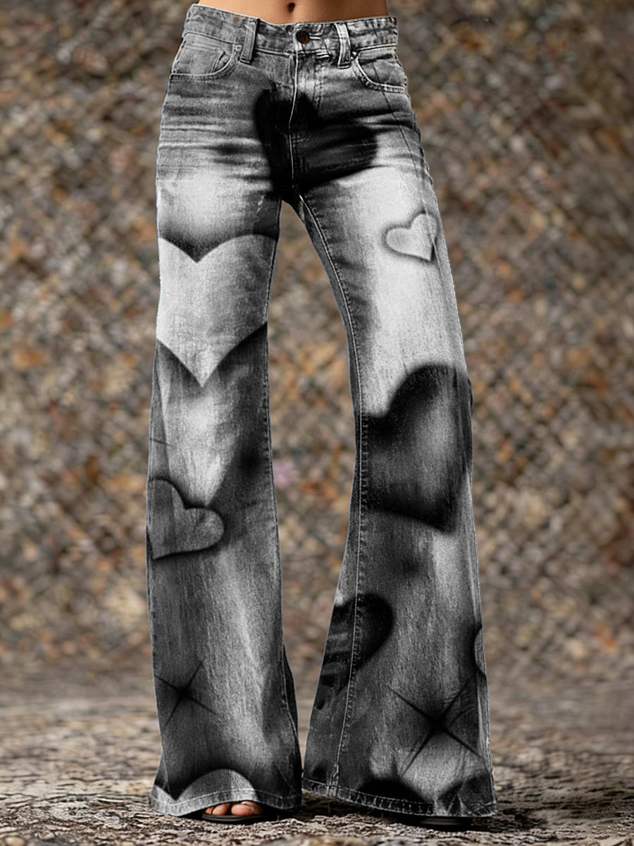 Women's Retro Heart Art Print Casual Washed Pants