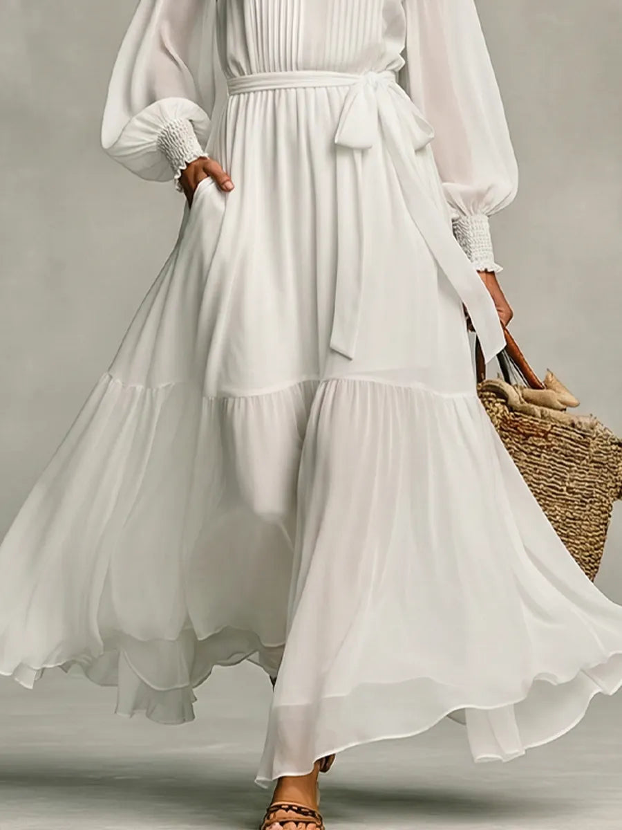 Women's White Chiffon Maxi Dress With Ruffle High Neck Vertical Pleats & Self-Tie Waist Belt, Minimalist Vacation Lantern Sleeve Long Maxi Dress MDZ1605G2LYL