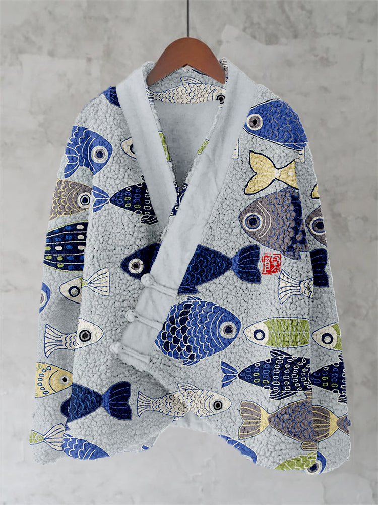 Vintage Fish Japanese Art Fleece Kimono Cardigan