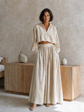 Women's Vacation-Style Beige Cotton-Linen Collared Dropped-Shoulder Long-Sleeve Cropped Top + High-Waist Pleated Wide-Leg Pants MDZ0766G0CMX