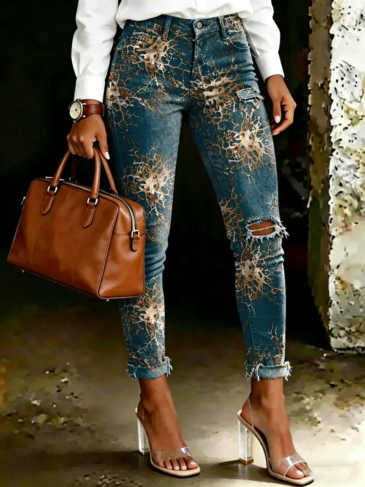 Women's Vintage Fantasy Totem Print Casual High-waisted Ripped Skinny Jeans