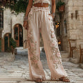 Women's Boho Pink Rose Embroidery Art Linen Blend Pants