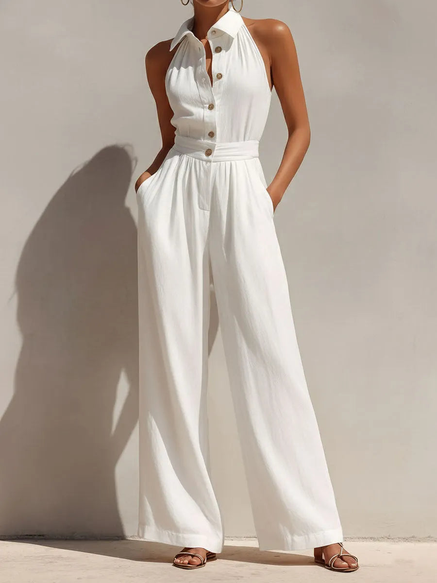 Boho Chic White Button-Front Wide-Leg Jumpsuit