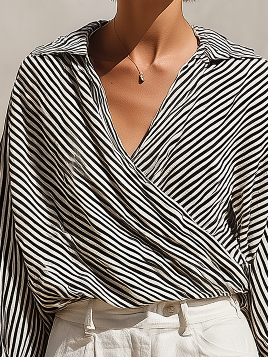 Women’s Black & White Striped Wrap Blouse & White High-Waisted Shorts Two-Piece Set MDZ2724D6T
