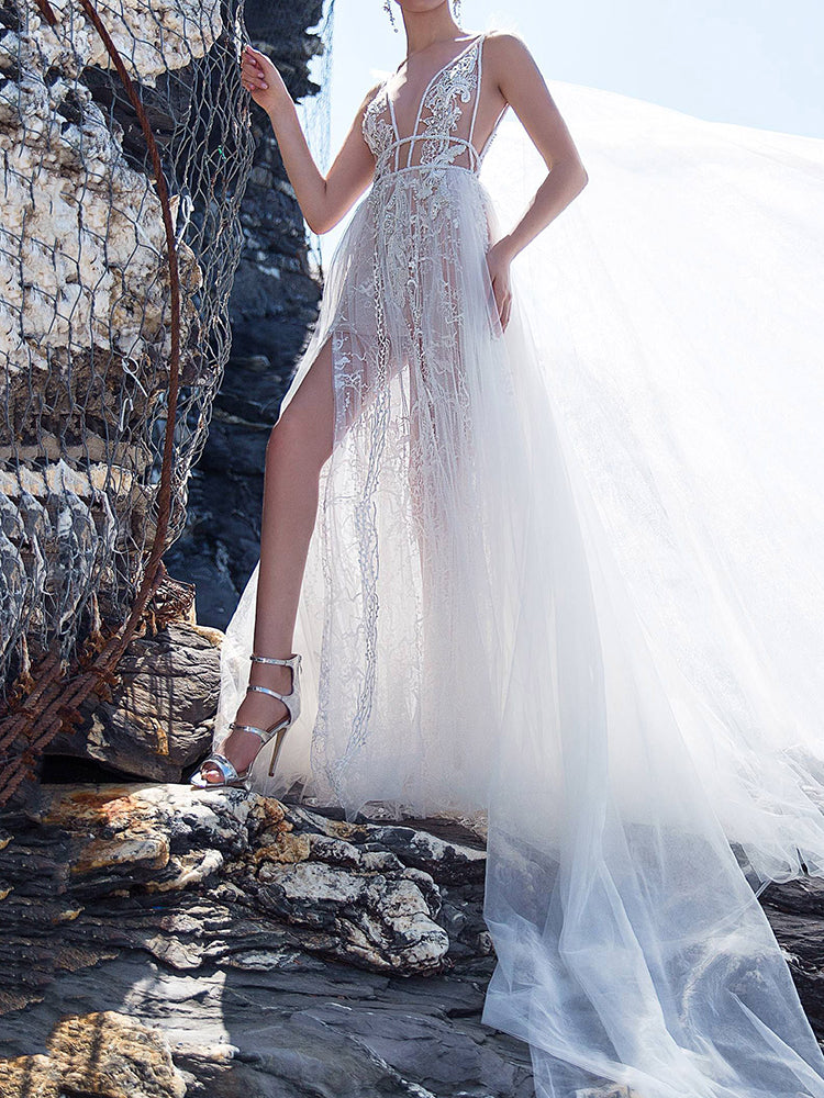 Sexy V-Neck Lace See-Through Split-Side Solid Color Wedding Maxi Dress