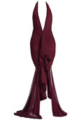 Halter Plunge Ruffle Maxi Dress Burgundy