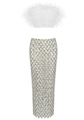 Strapless Feather Midi Two Piece Dress White